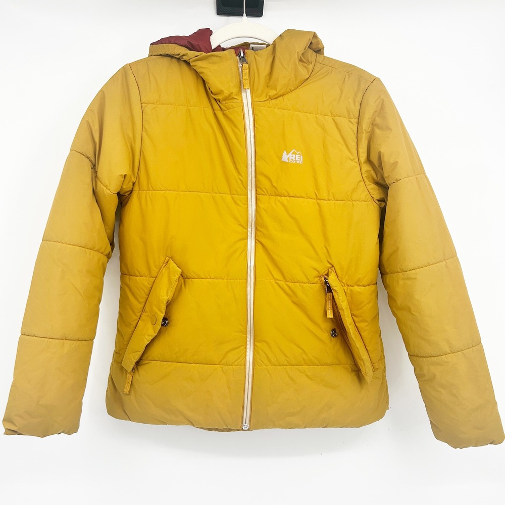 REI Co-op Kids Mustard Yellow Quilted Hooded Puffer Jacket Gorpcore Size L 14-16